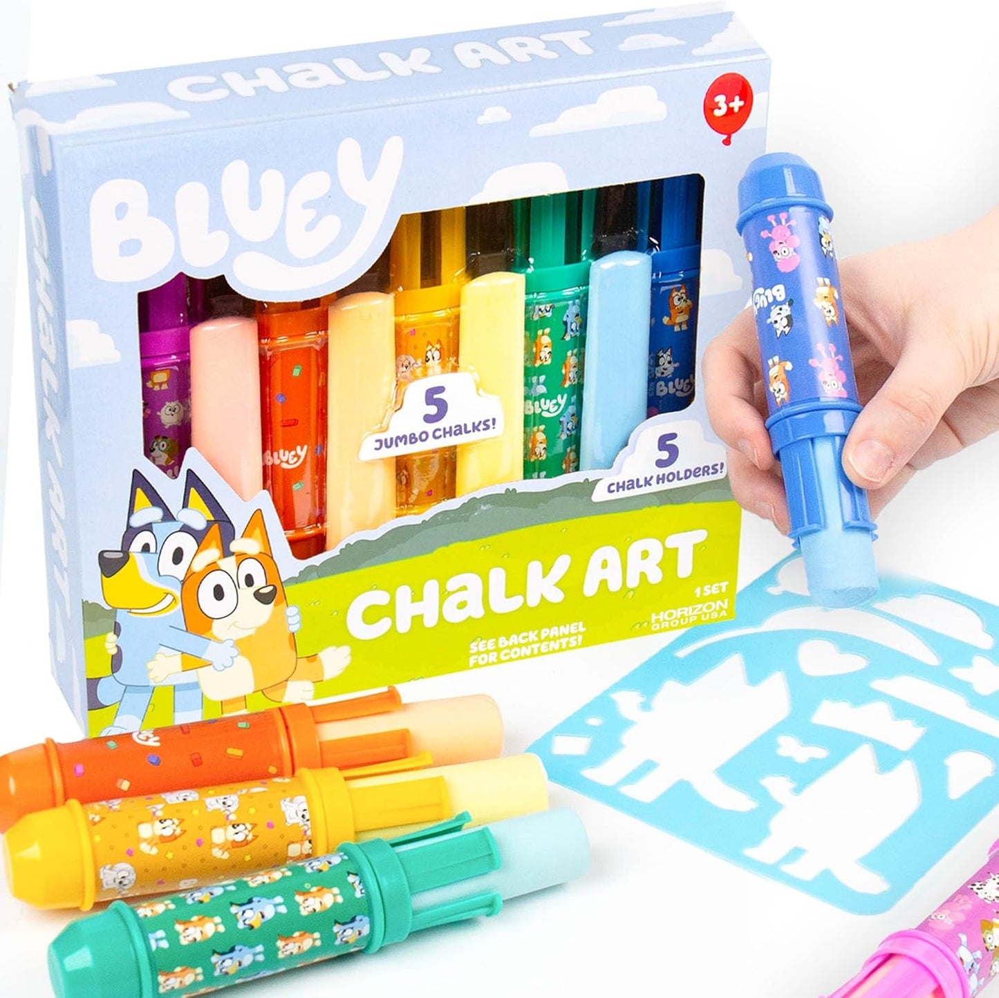 Vibrant Bluey Chalk Art Kit - 5 Chalks, Holders & Stencil
