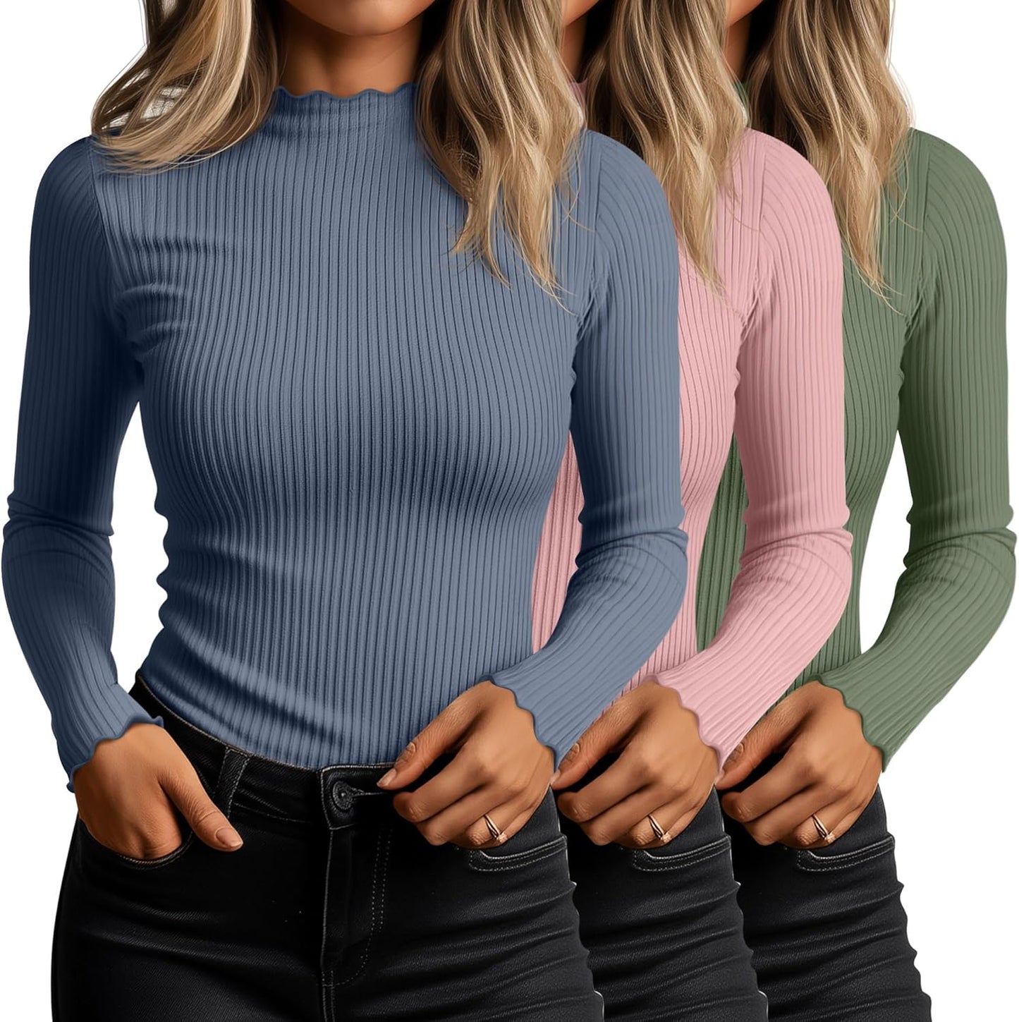 Stylish Mock Turtleneck Tops for Women - 3 Pack Cotton Tees