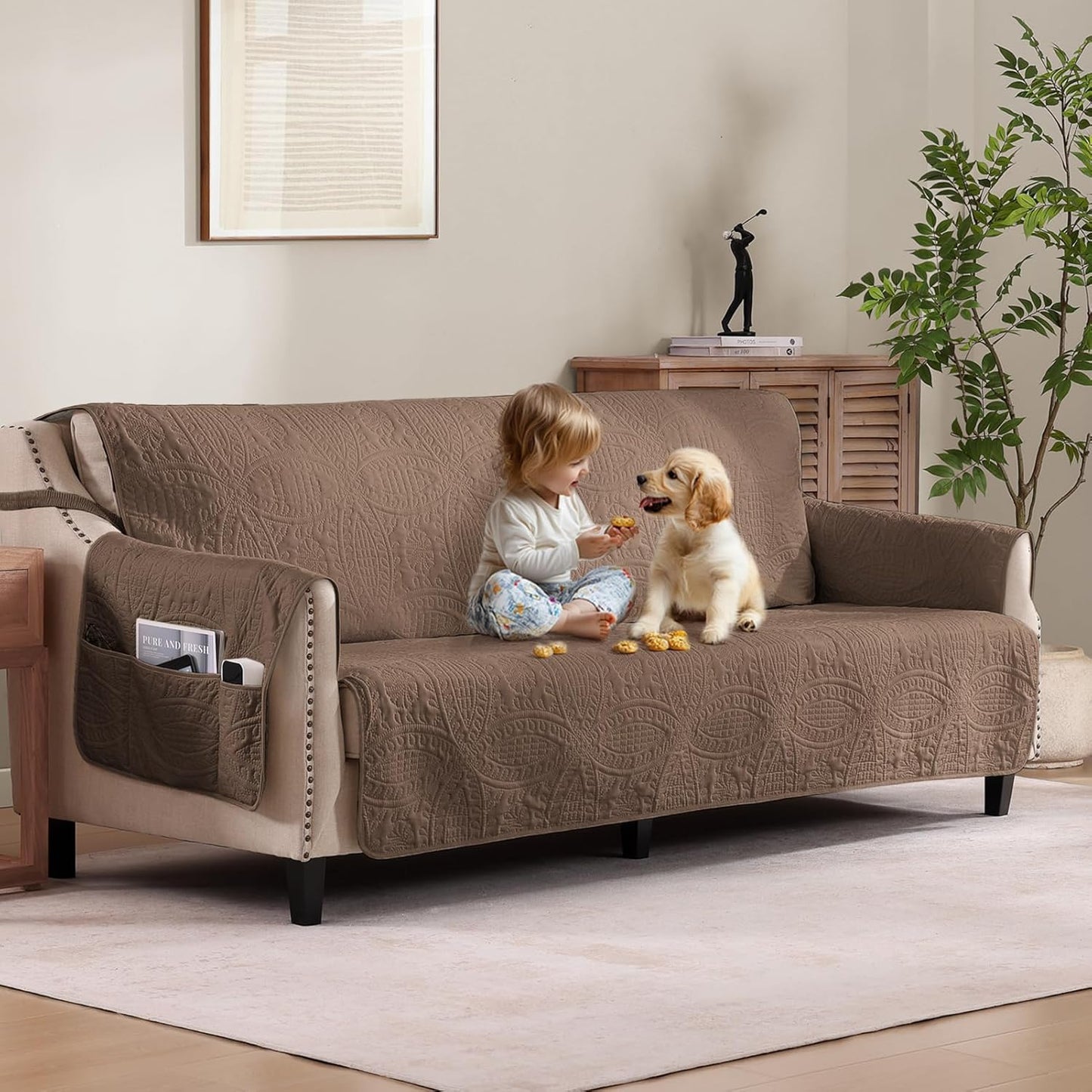 Quilted Raw Umber Sofa Slipcovers for 3 Cushion Sofa Protection