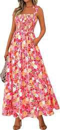 Womens Floral Smocked Maxi Dress Sleeveless A-Line - Flowy Summer Fit