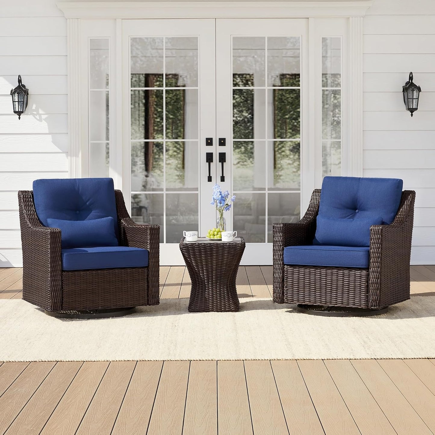 3 Pieces Wicker Patio Bistro Set with Swivel Rocking Chairs