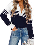 Women V Neck Color Block Sweater Polo - Casual Striped Pullover Shoes