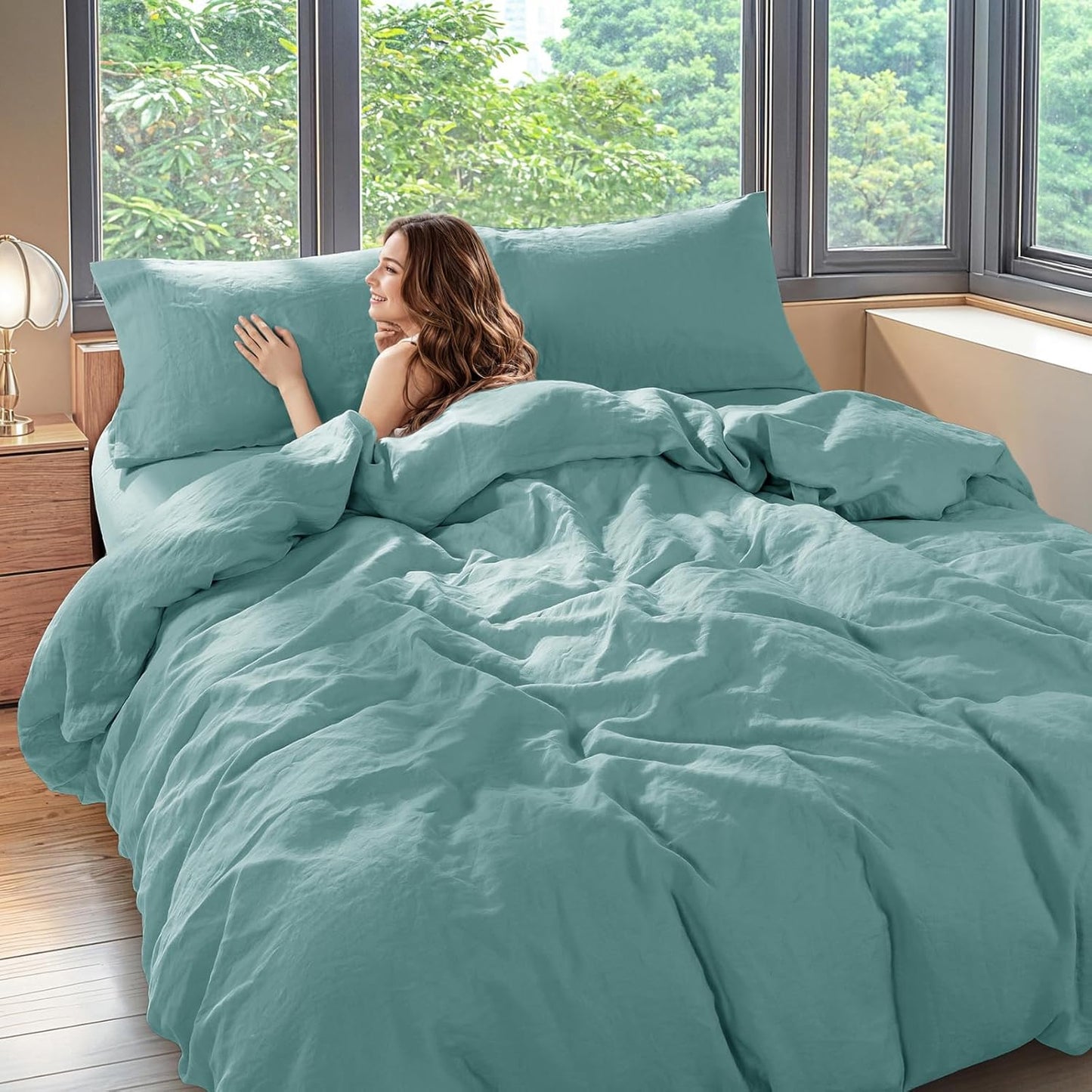 Luxury 100% Linen California King Duvet Cover Set in Aqua
