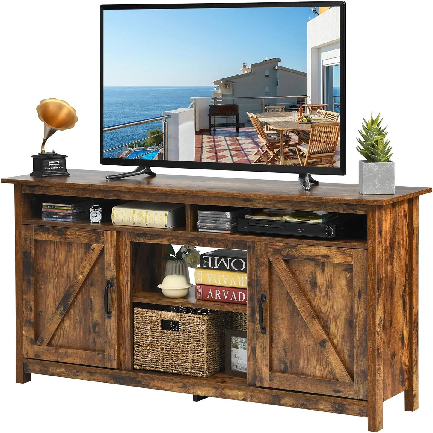 Tangkula 65 TV Stand with Barn Doors - Rustic Charm