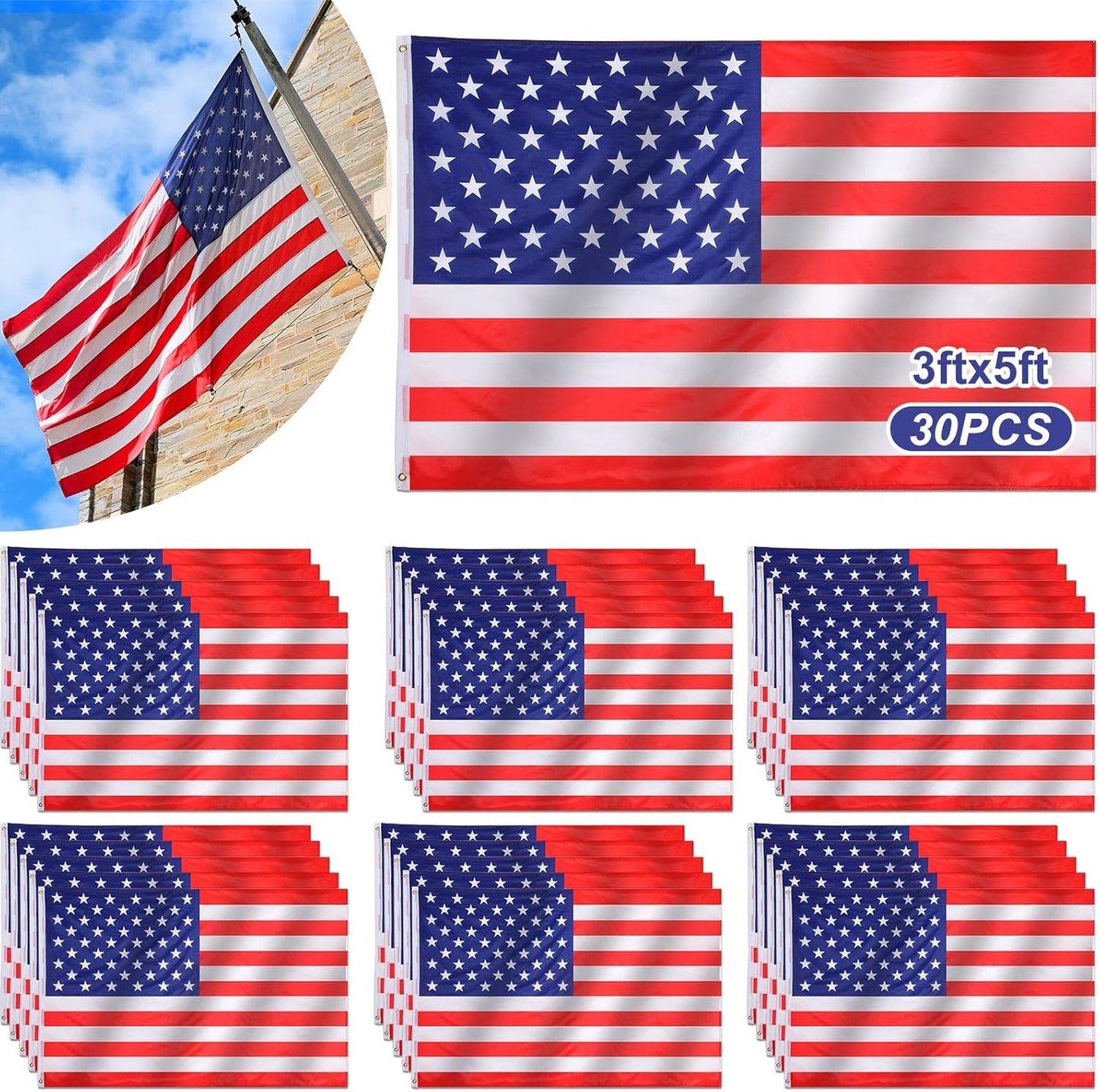 30 Pcs 3x5 ft American Flags for Indoor and Outdoor Use