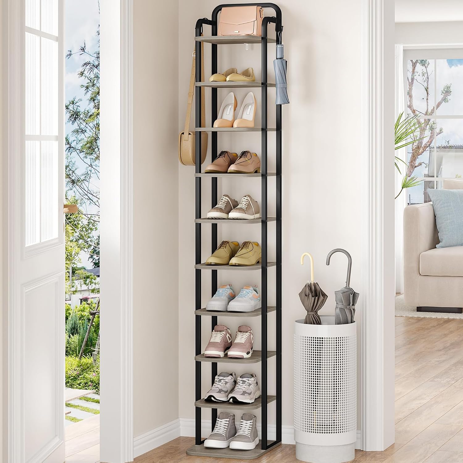 10 Tiers Vertical Shoe Rack for Small Spaces - Adjustable Shelves