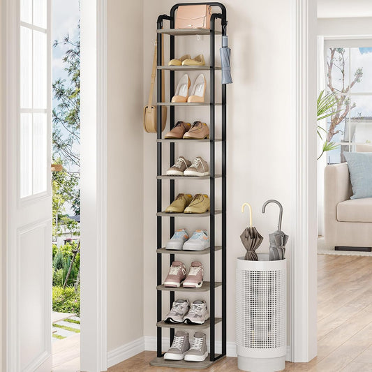 10 Tiers Vertical Shoe Rack for Small Spaces - Adjustable Shelves