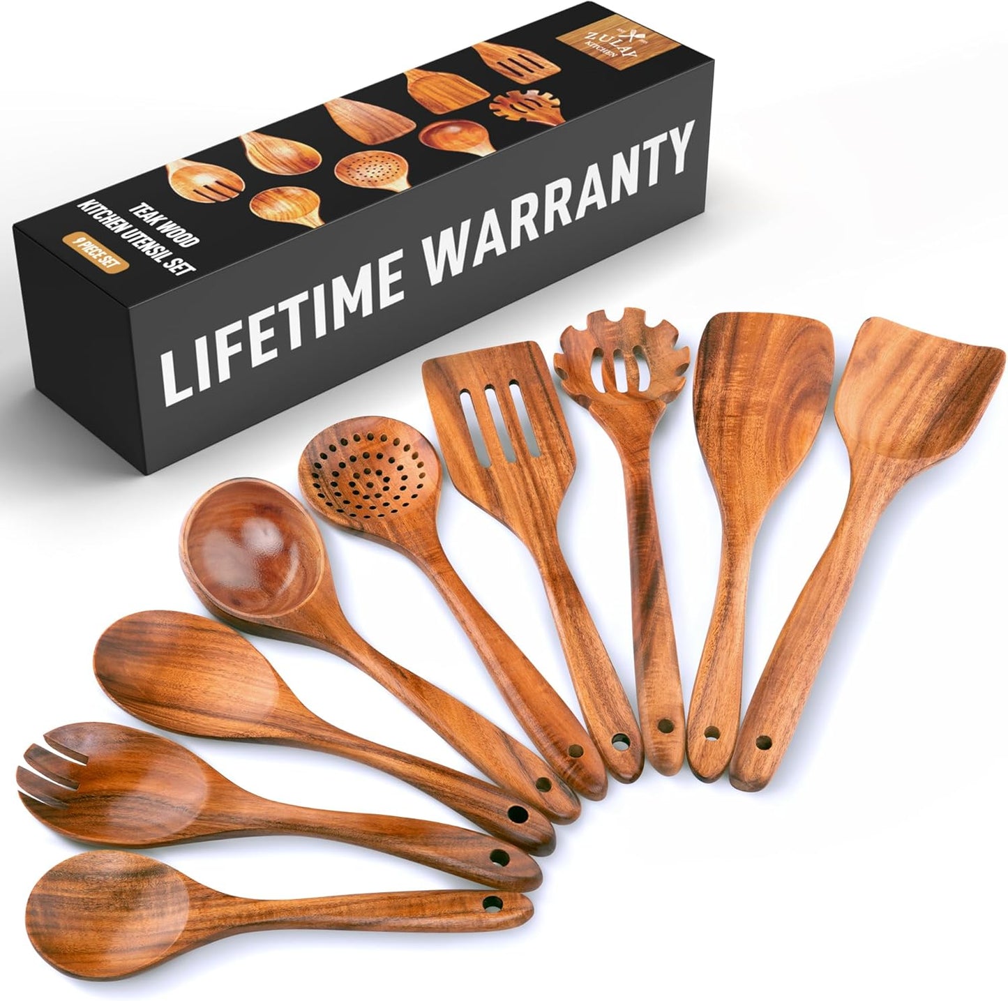 Zulay Kitchen 9-Piece Teak Wooden Utensil Set for Cooking