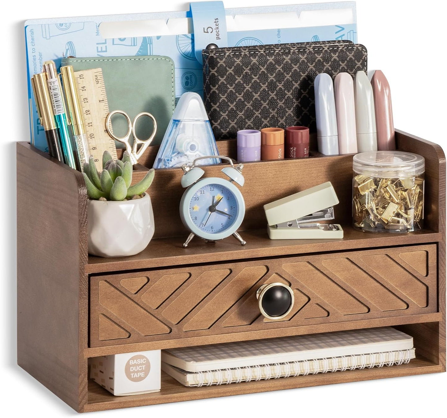 Brown Wood Desk Organizer with Drawer - Stay Organized!