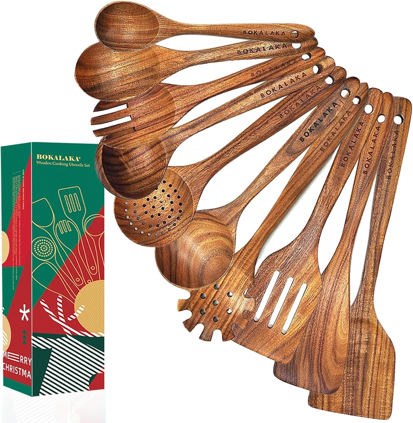 Christmas Wooden Spoons for Cooking, 10 Pcs Natural Teak Set