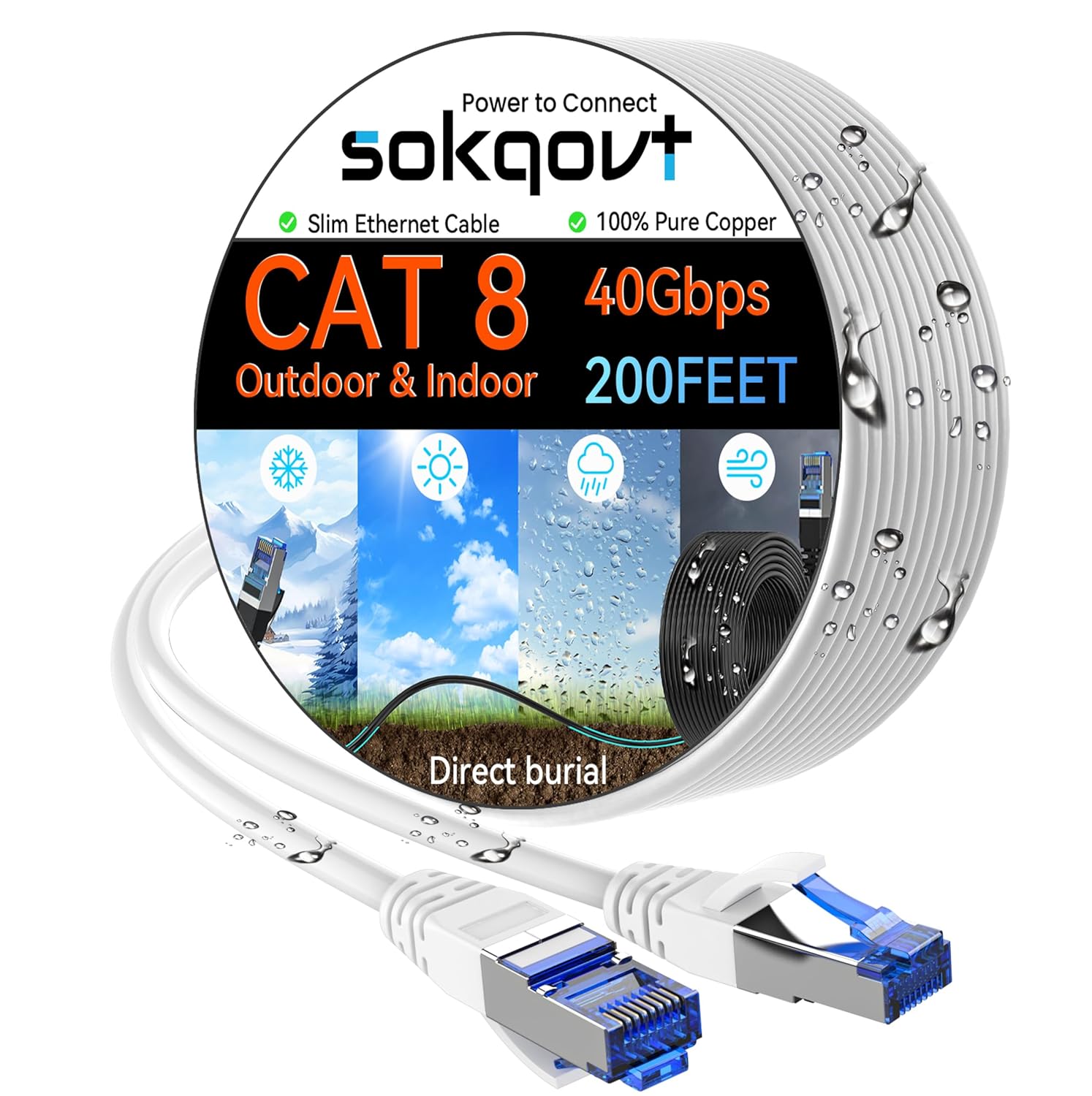 Cat 8 Ethernet Cable Slim 200ft for Outdoor and Indoor Use