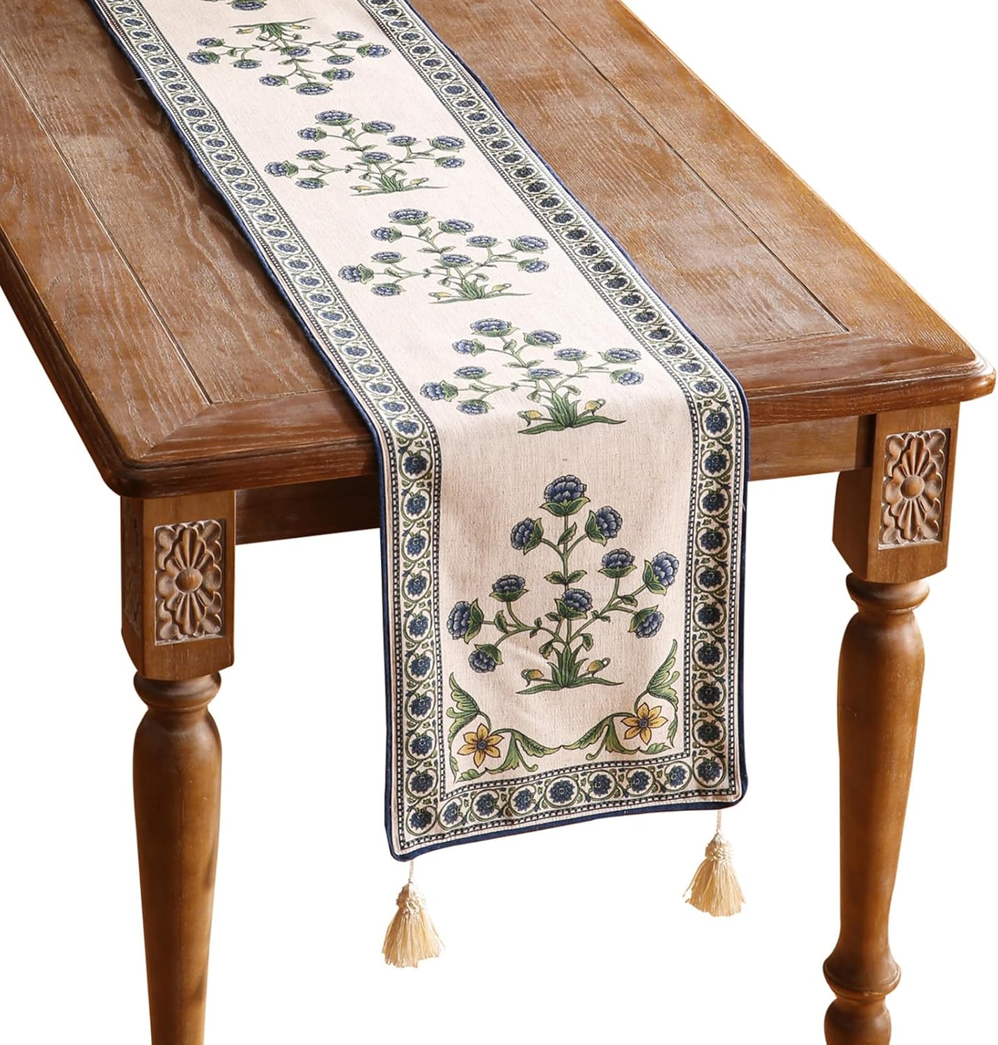 Elegant Blue Floral Patterned Linen Table Runner for Dining