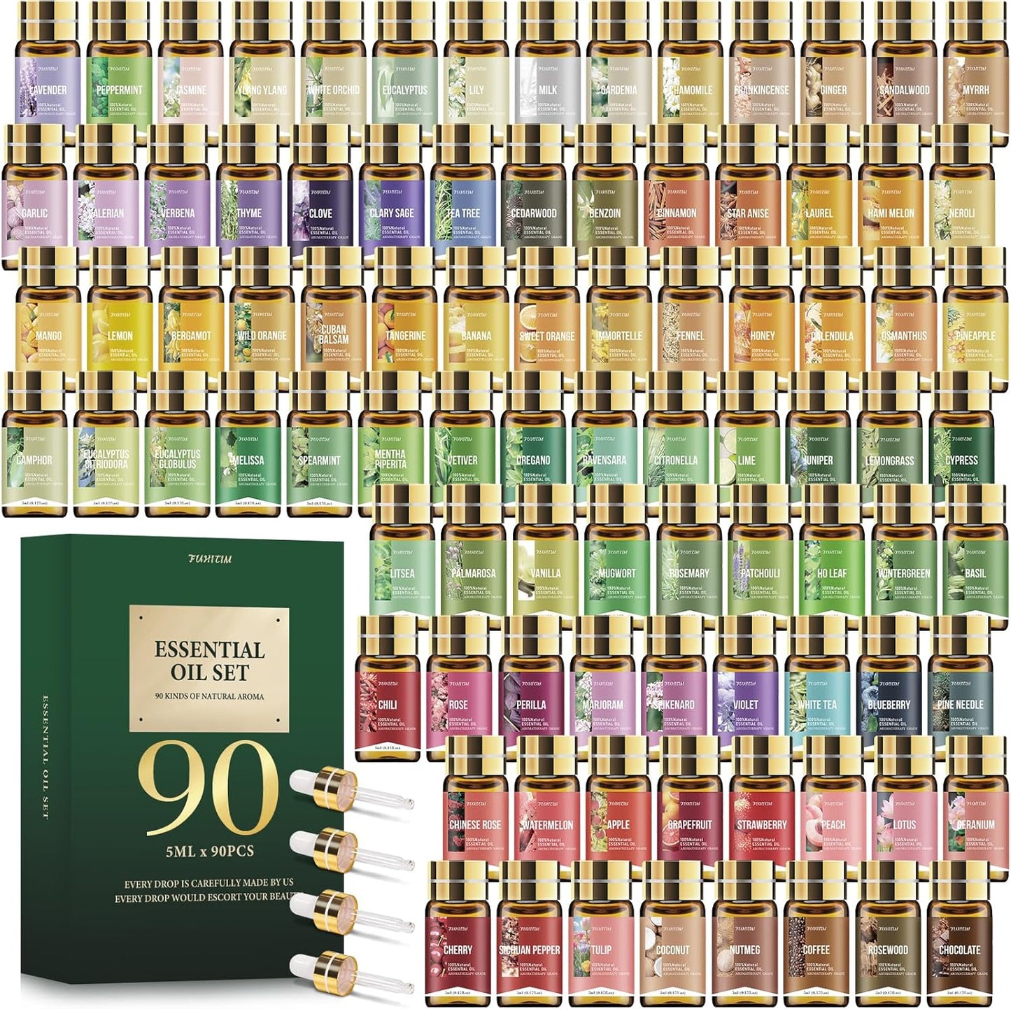 90 Pcs Essential Oil Set for Diffuser, Massage, and More