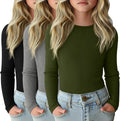 3 Pack Girls Ribbed Knit Cotton Long Sleeve Shirts - Slim Fit