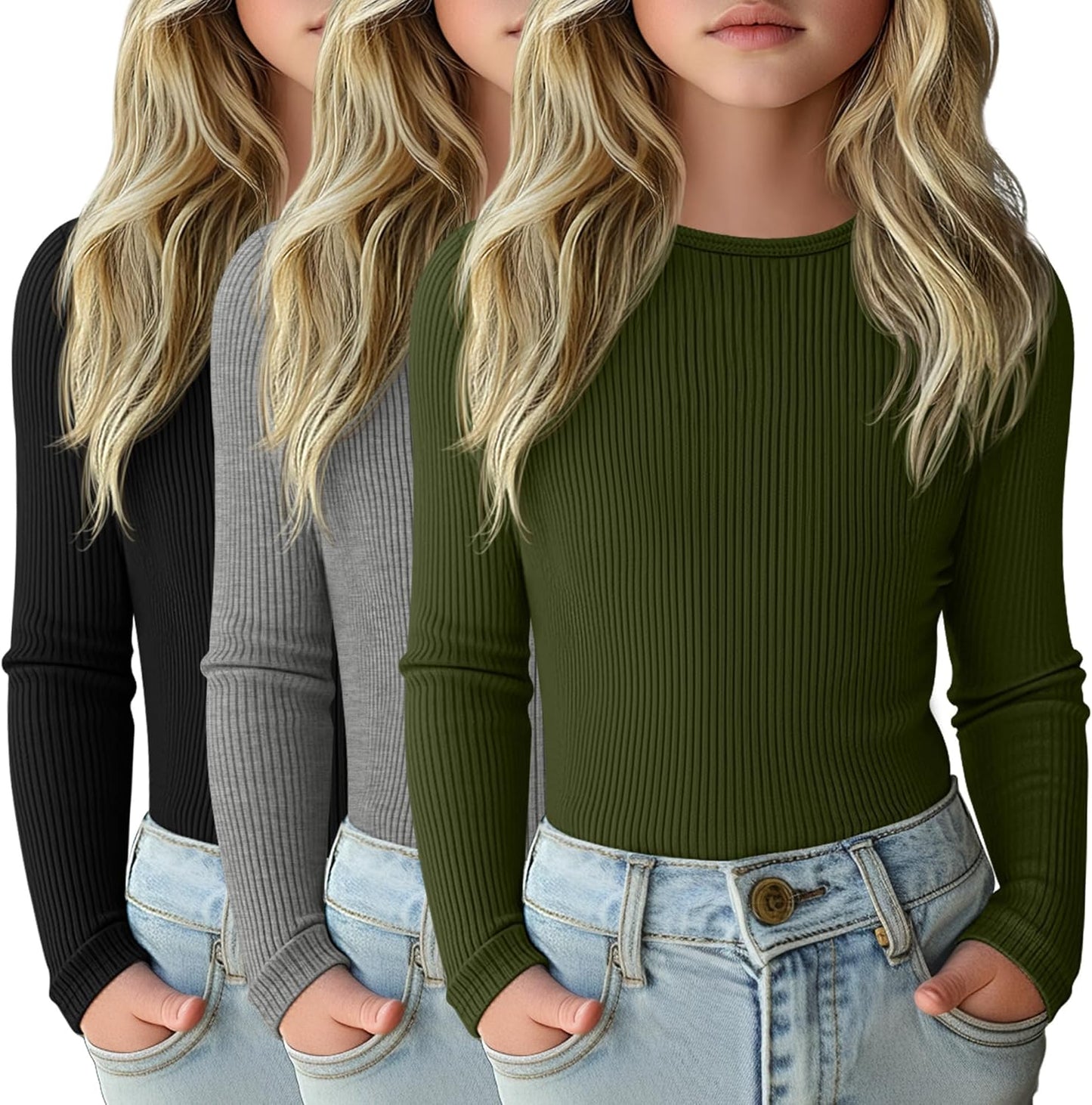 3 Pack Girls Long Sleeve Shirts for Casual Layering Tops