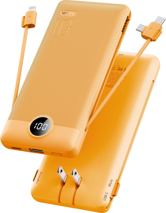 10,000mAh Portable Charger with Built-in Cables & Wall Plug