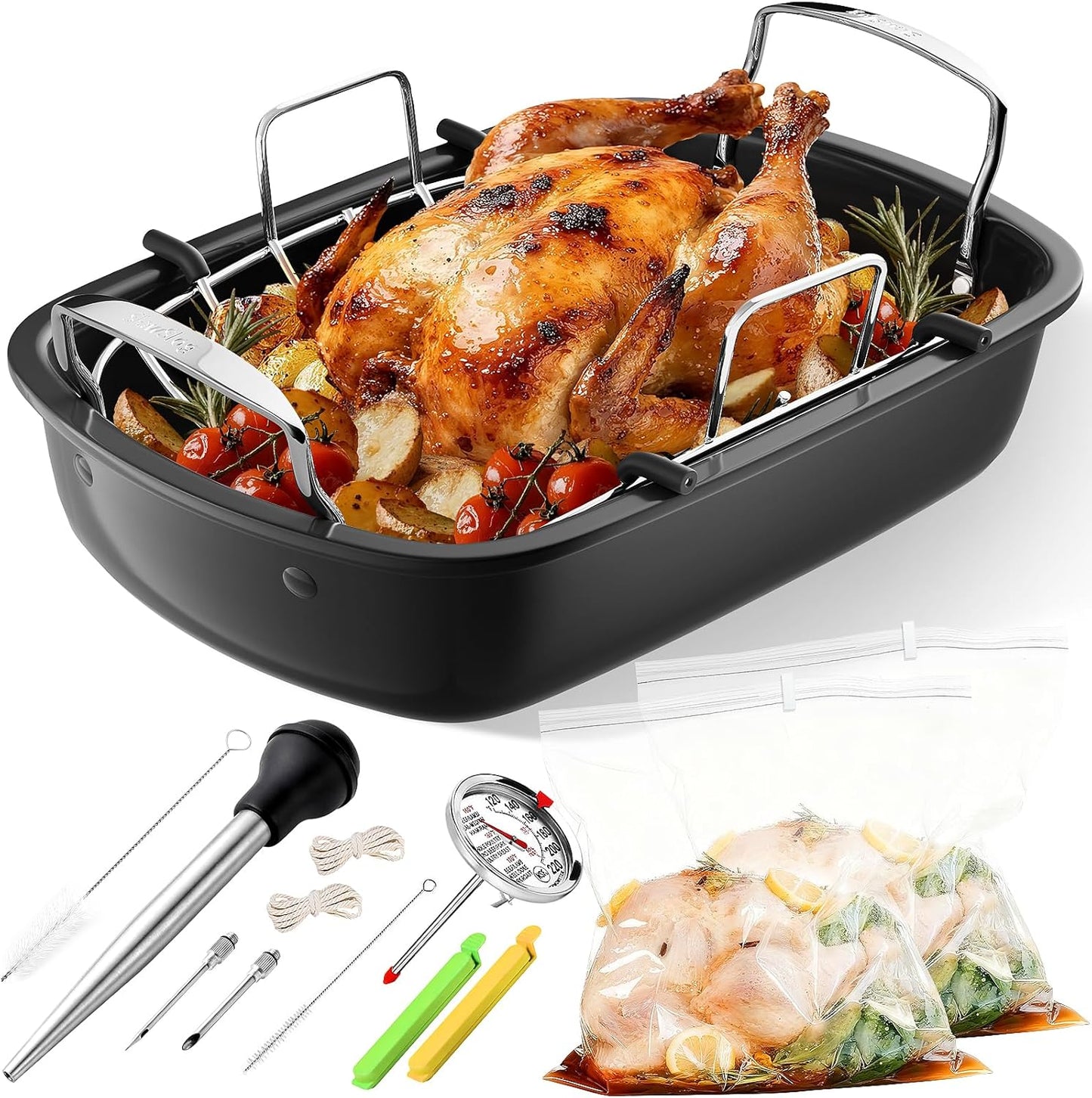 Nonstick Turkey Roaster Pan with Removable Rack and Kit