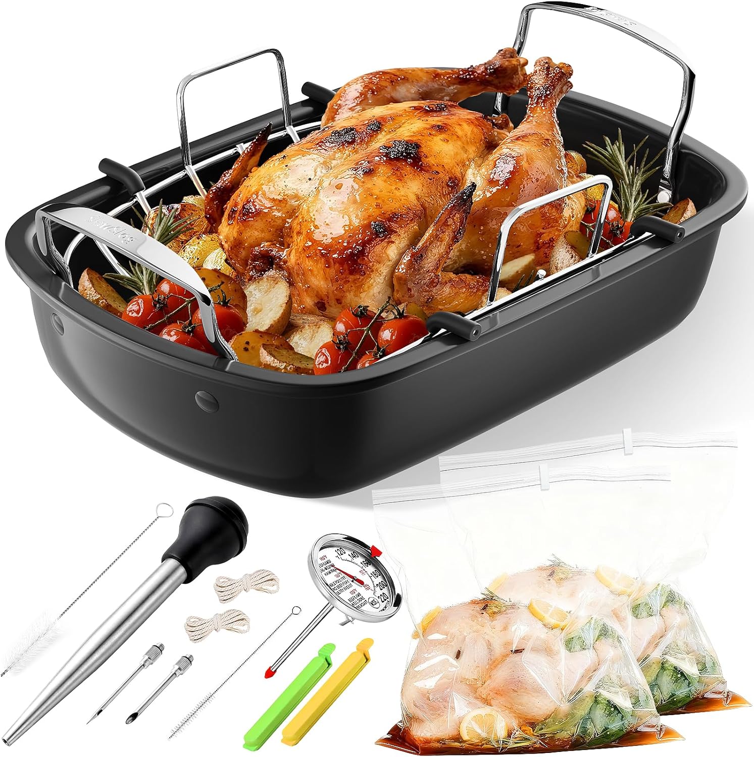 Nonstick Turkey Roaster Pan with Removable Rack and Kit