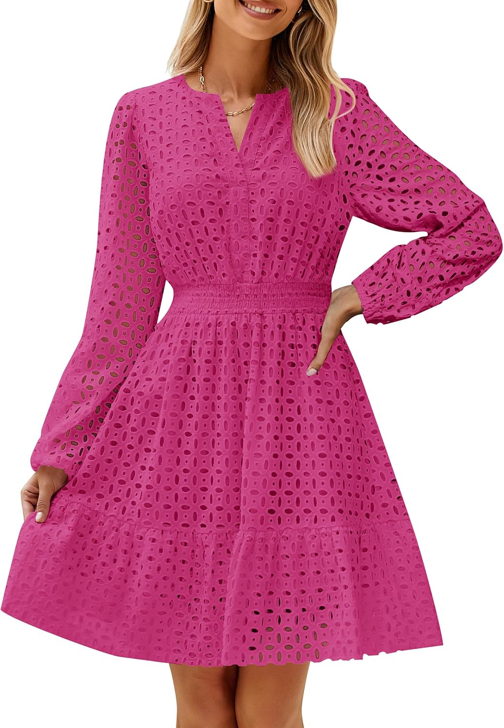 ZESICA Women's Long Sleeve Mini Dress with Eyelet Embroidery