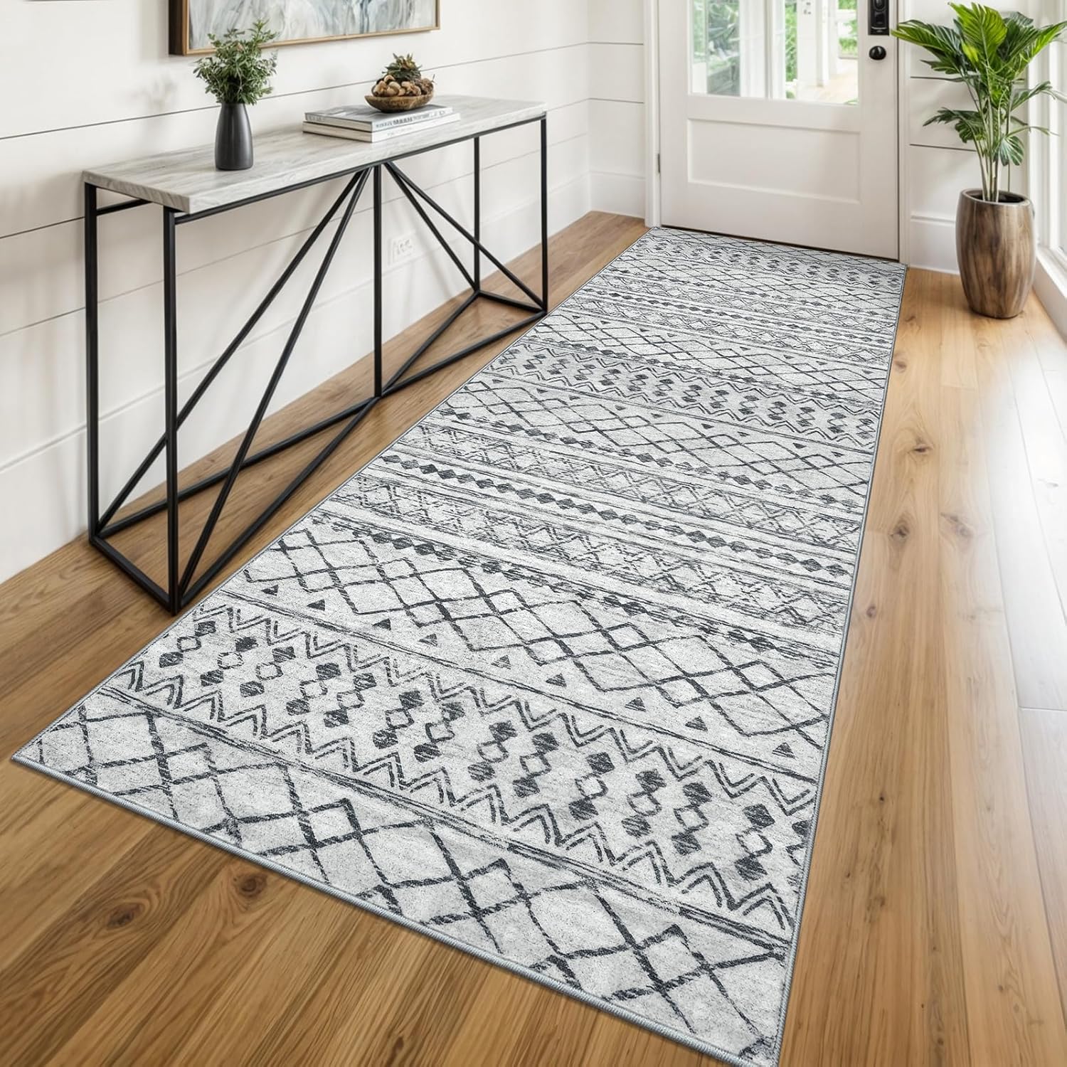 KUTA Boho Runners for Hallways 3x8 Grey Moroccan Washable Rug
