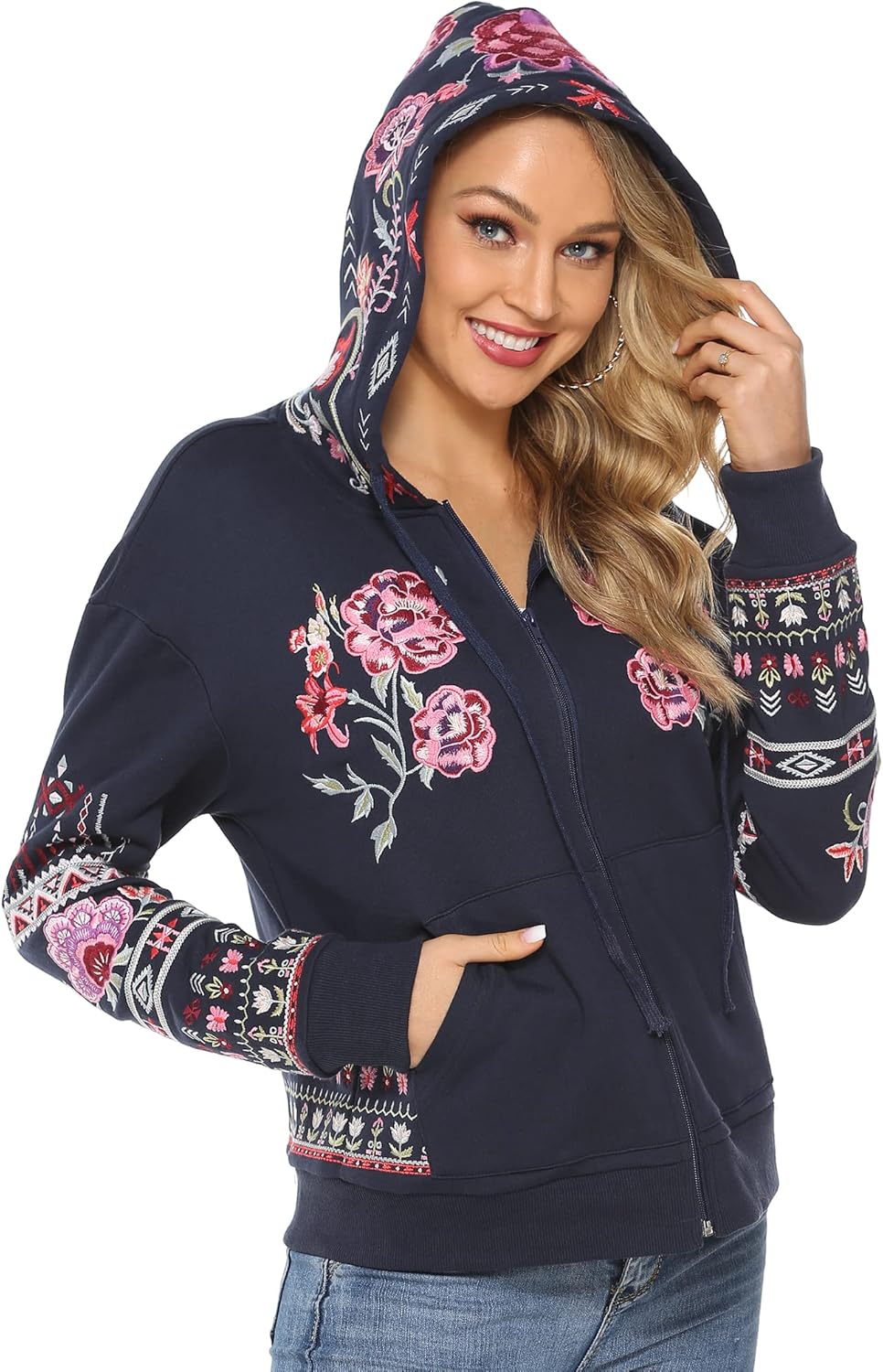 Boho Embroidered Zip Hoodie - Fall Essential