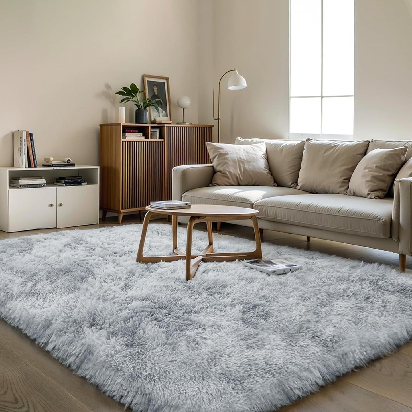 Thick Area Rug Light Grey Shag Fluffy 5x8 for Cozy Spaces