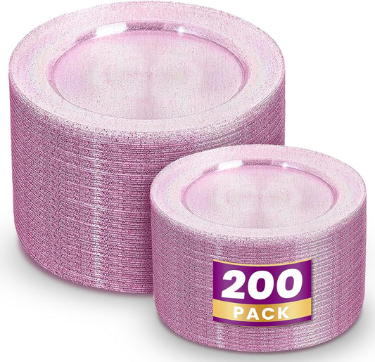 Sturdy Pink Plastic Plates with Rose Gold Glitter for Parties