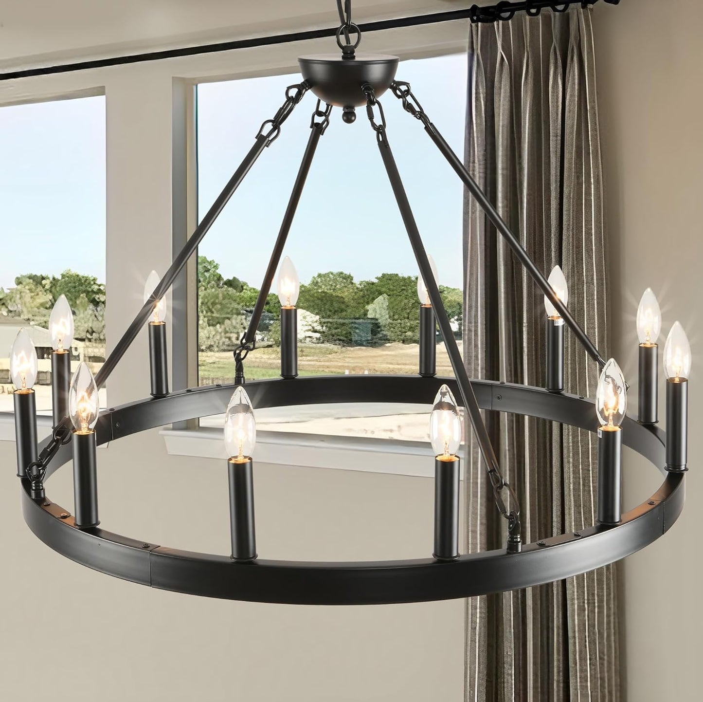 Black Wagon Wheel Chandelier 32in 12-Light Vintage Industrial Style