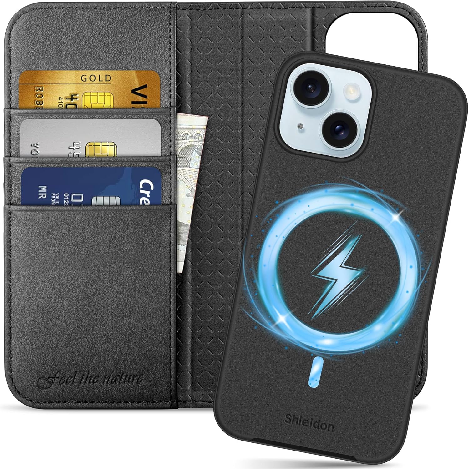 SHIELDON iPhone 15 Leather Wallet Case with Kickstand