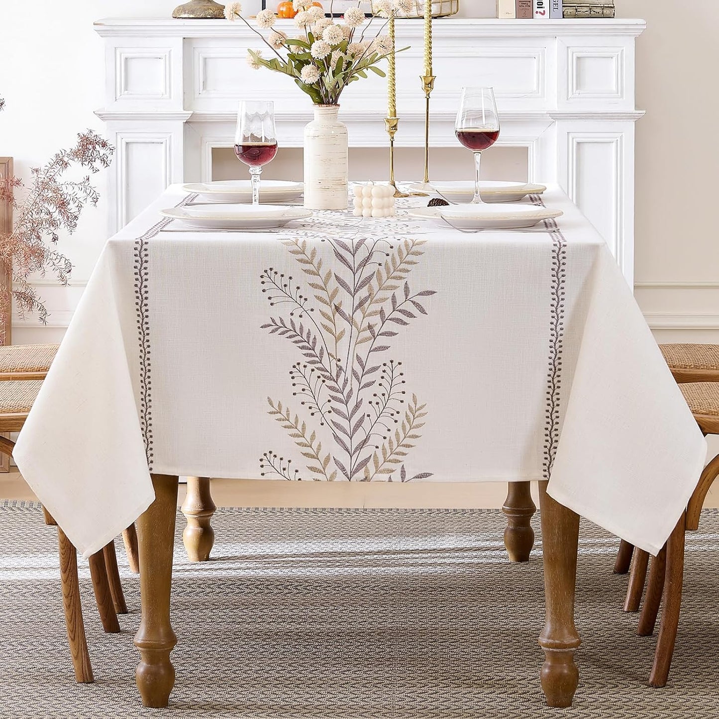 Linen Style Embroidered Fall Tablecloth for Elegant Dining