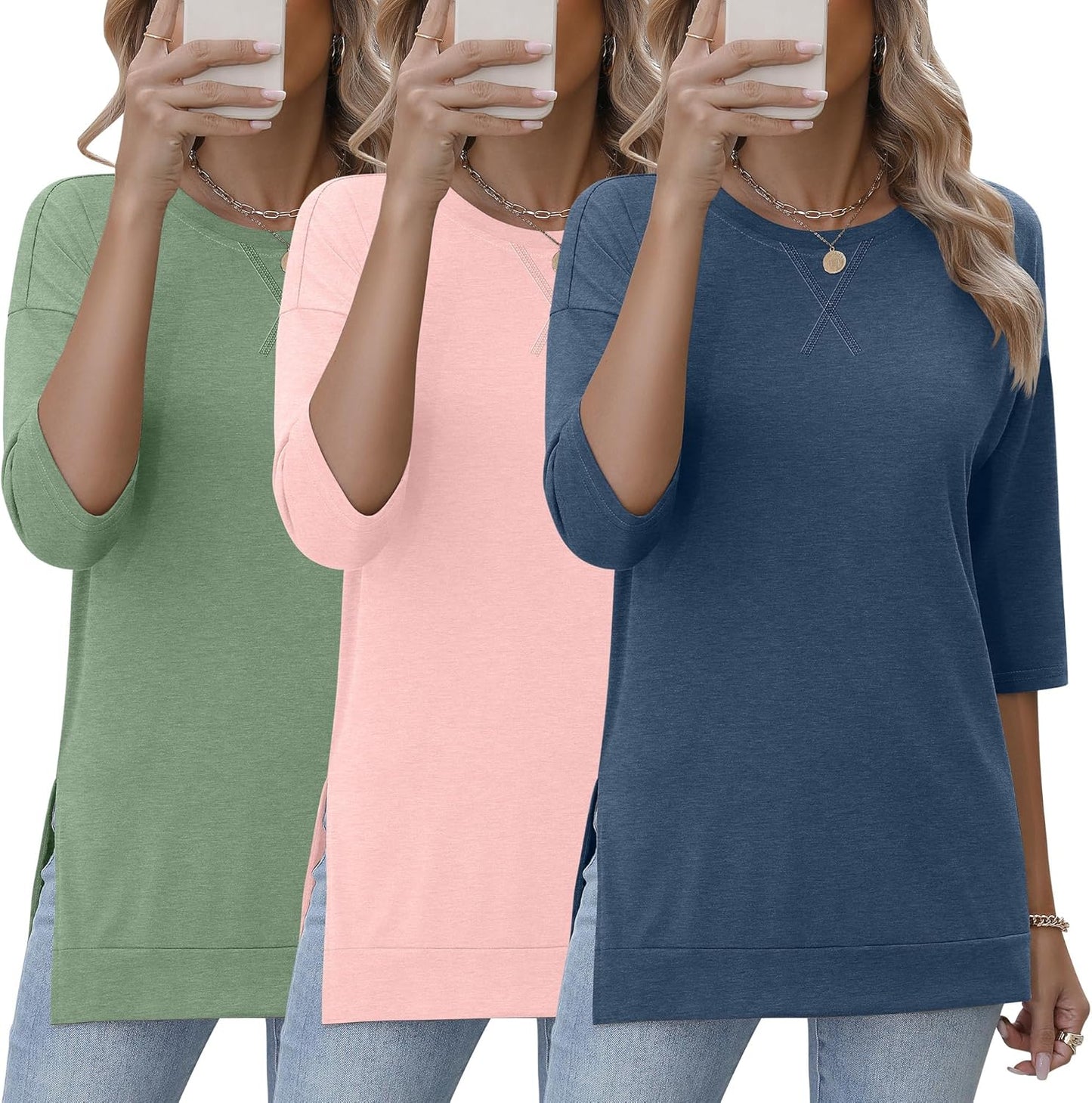 Stylish 3 Pack 3/4 Length Sleeve Women's Tunic Tops for Fall