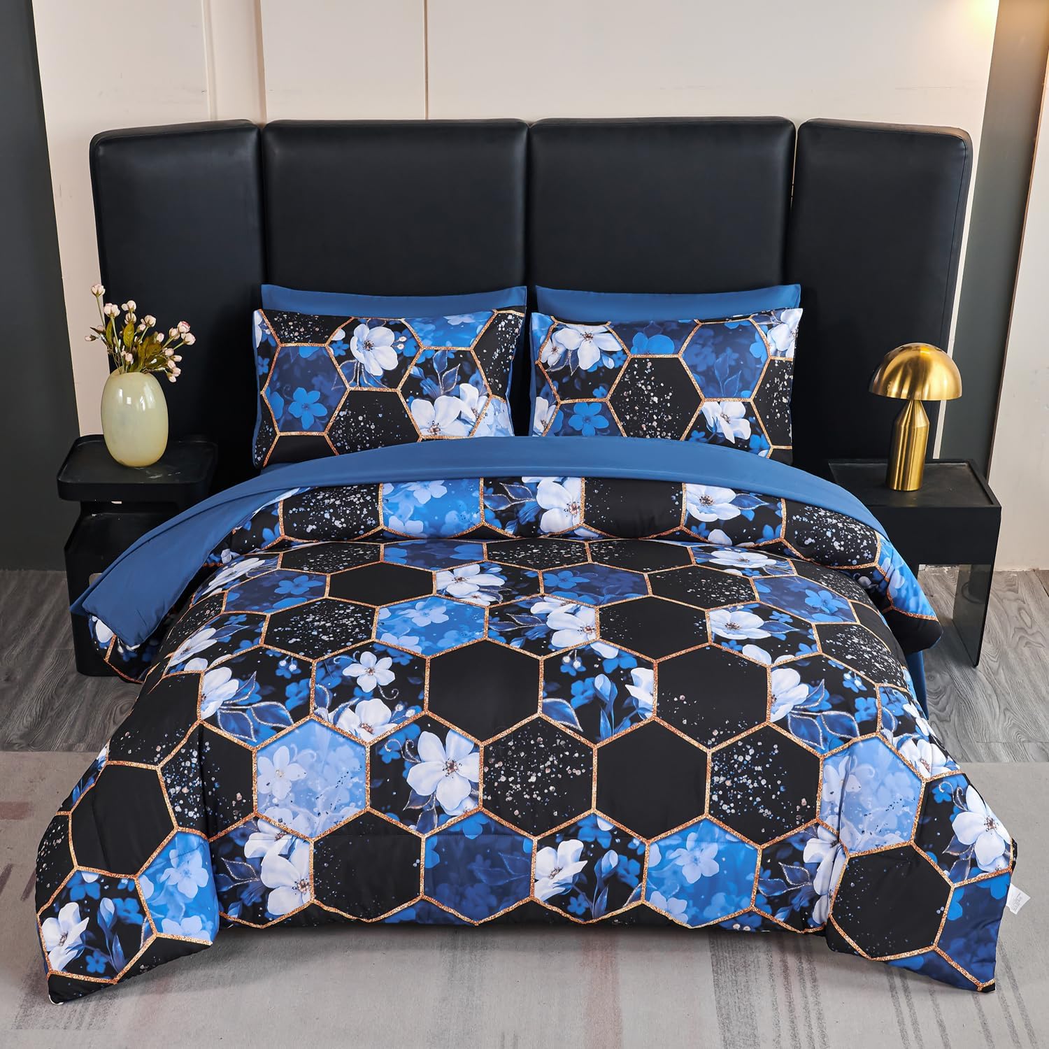 Blue Marble King Comforter Set with Floral Design for Luxury Bedding