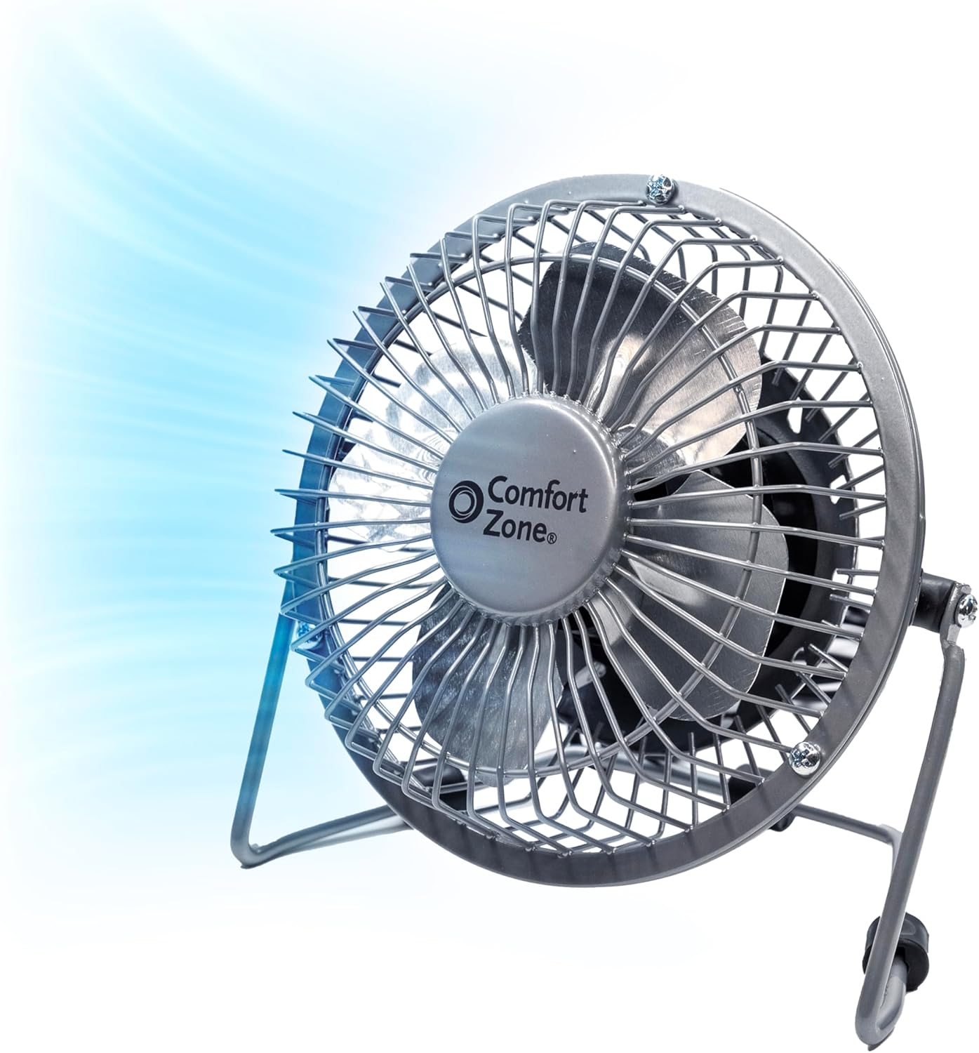 Quiet 360 Tilt USB Desk Fan, Dual Powered, All-Metal, 4 Silver