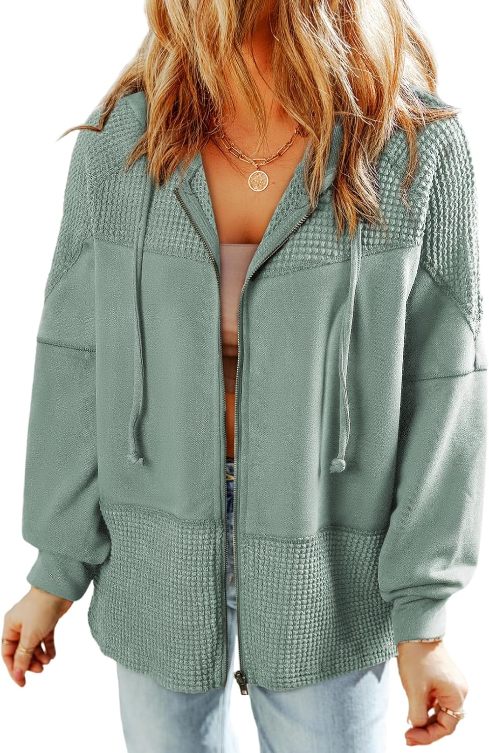 Dokotoo Waffle Knit Hoodies for Women Zip Up Casual Jackets