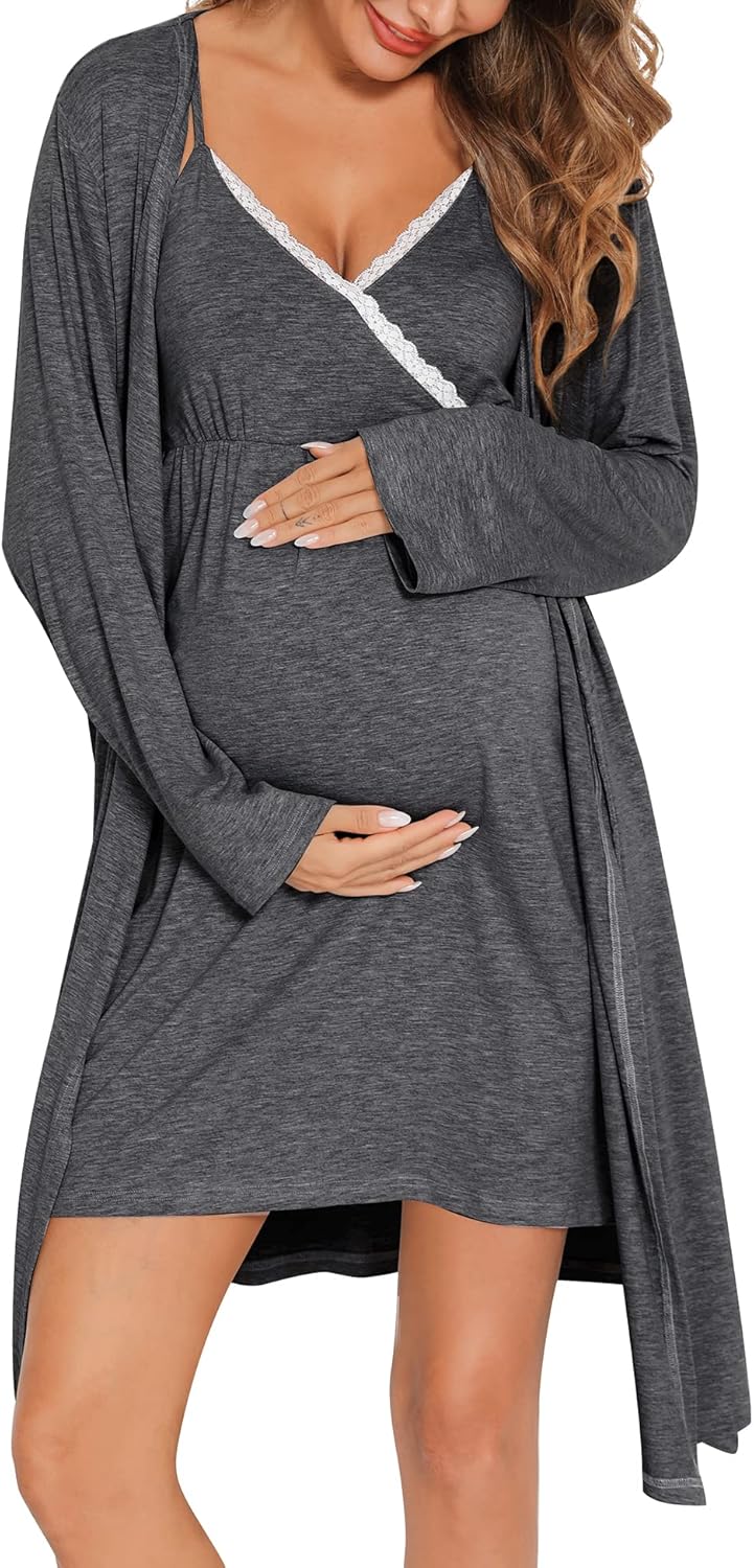 SWOMOG Womens Maternity Robe 2 Piece Nursing Nightgown Set