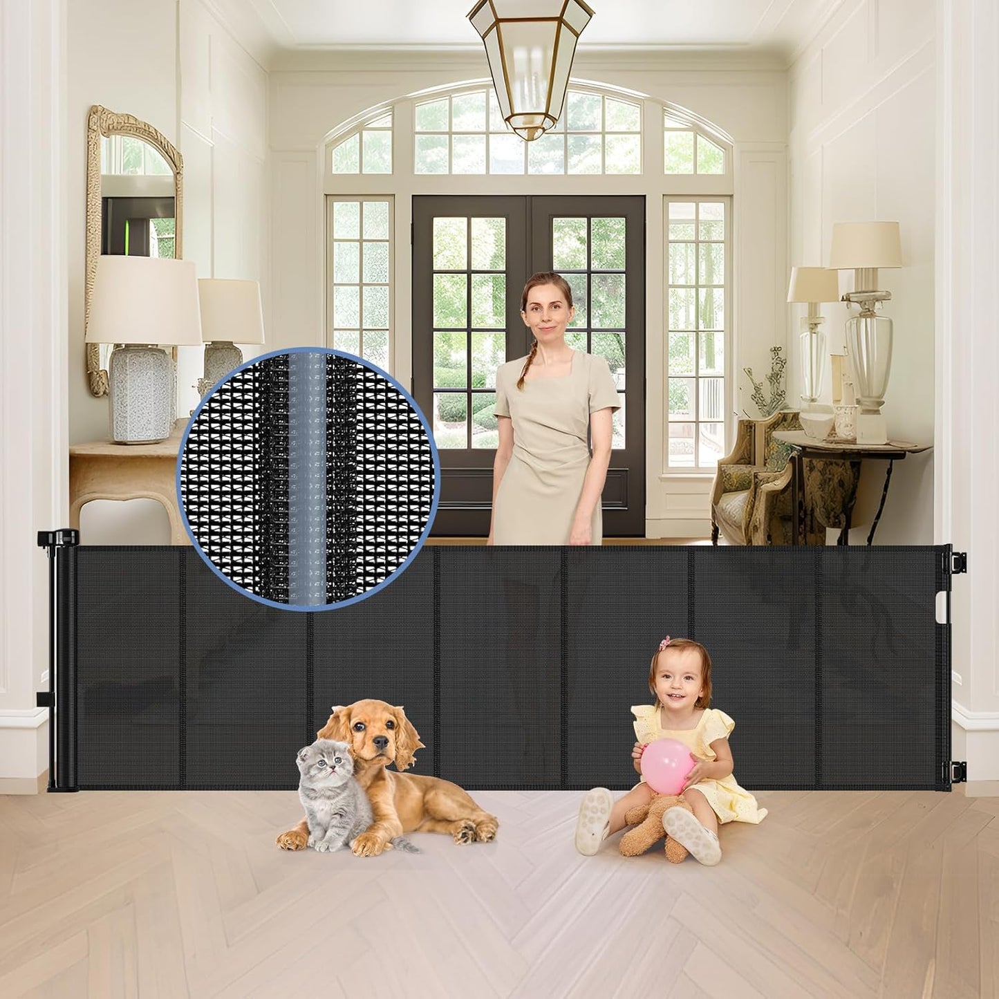 Reinforced 90 Inch Retractable Baby Gate for Extra Wide Openings