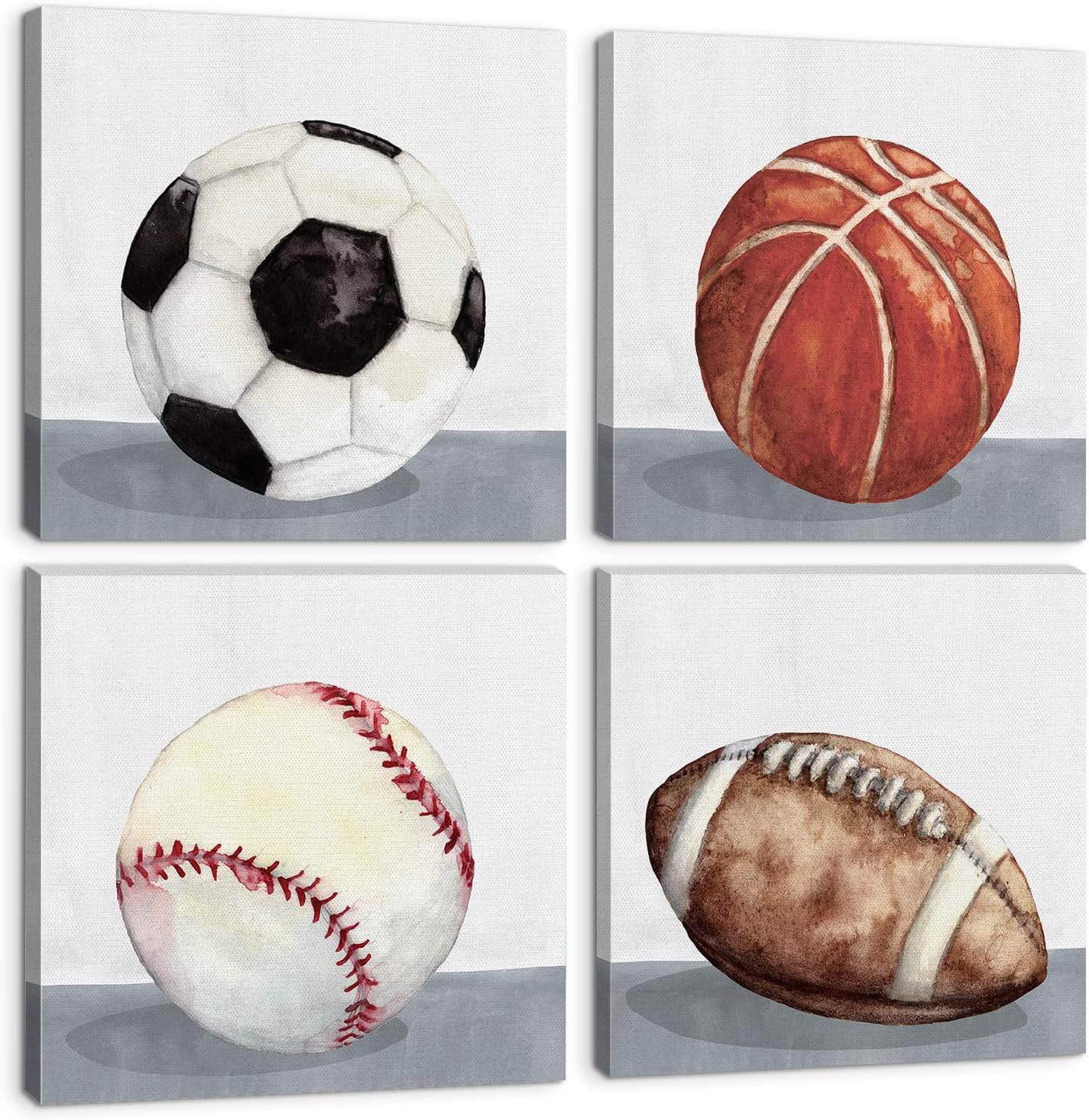 Rustic Sports Wall Art for Boys Room Decor - 4 Canvas Prints
