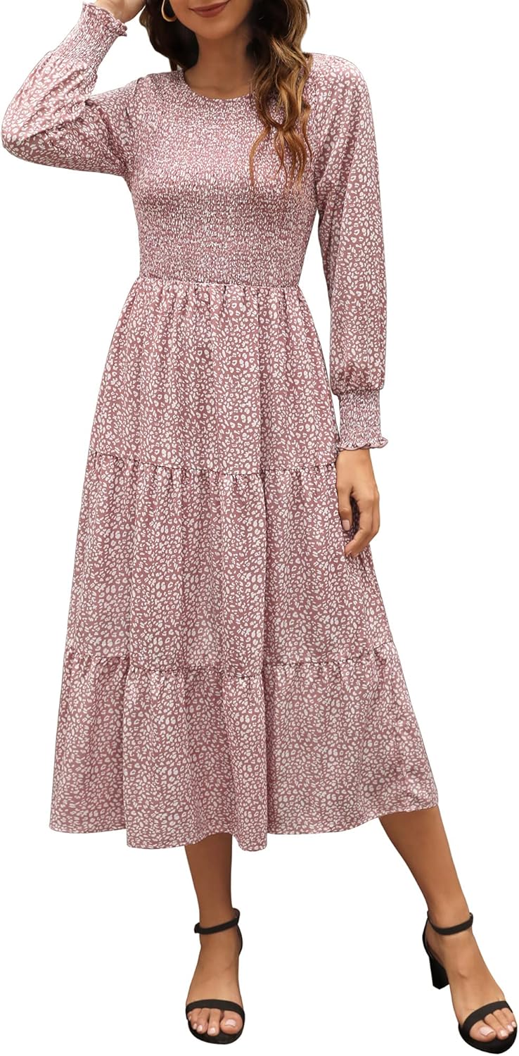 Zattcas Womens Fall Dresses Long Sleeve Smocked Midi Dress