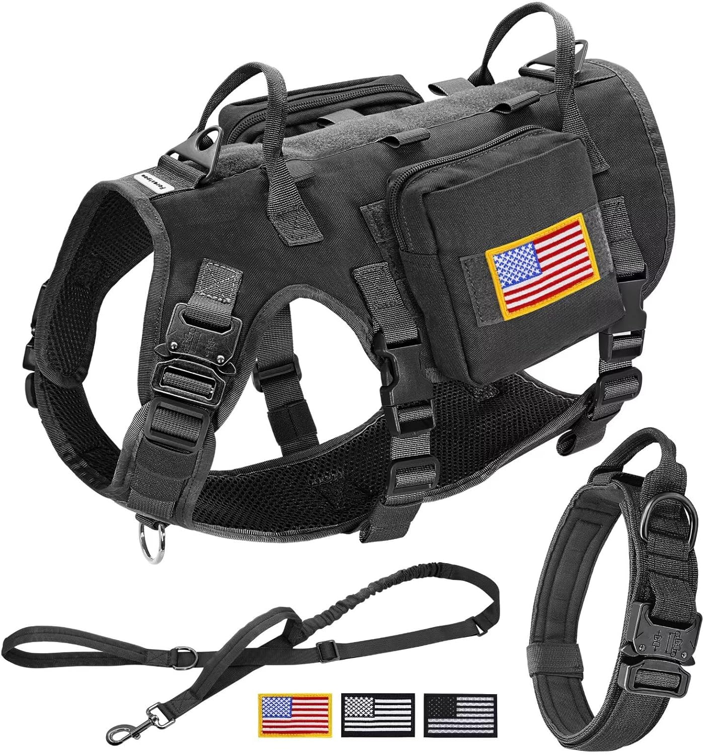 Tactical Dog Harness for Large Dogs with Bungee Leash Set