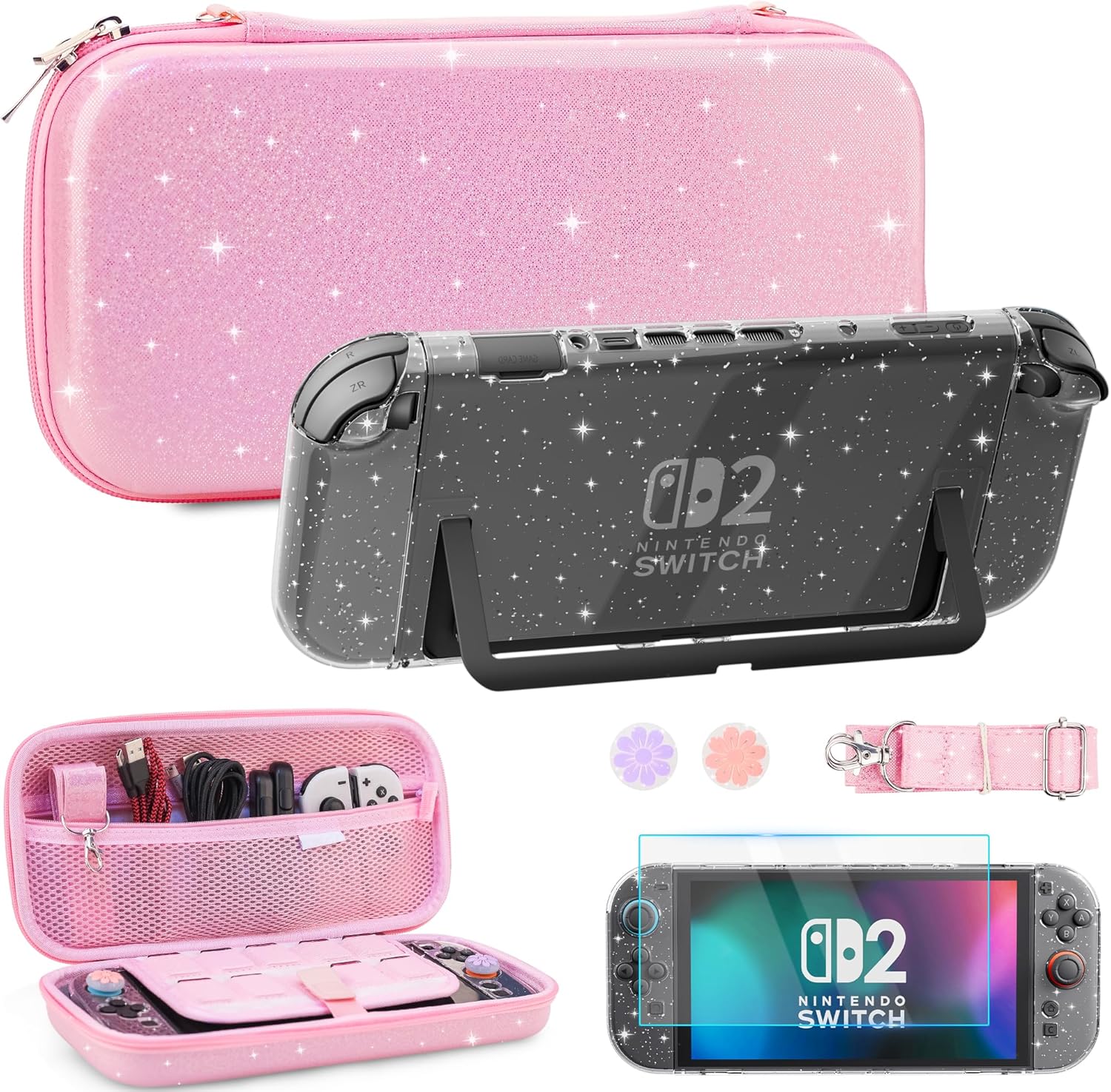 Travel Carrying Case for Switch 2 with Pink Glitter Design