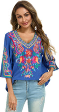Women's Summer Embroidered Mexican Shirt Short Sleeve Casual Top