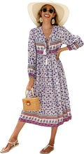 Womens Cotton Blend Floral V Neck Bohemian Midi Dress - Tassel Tie