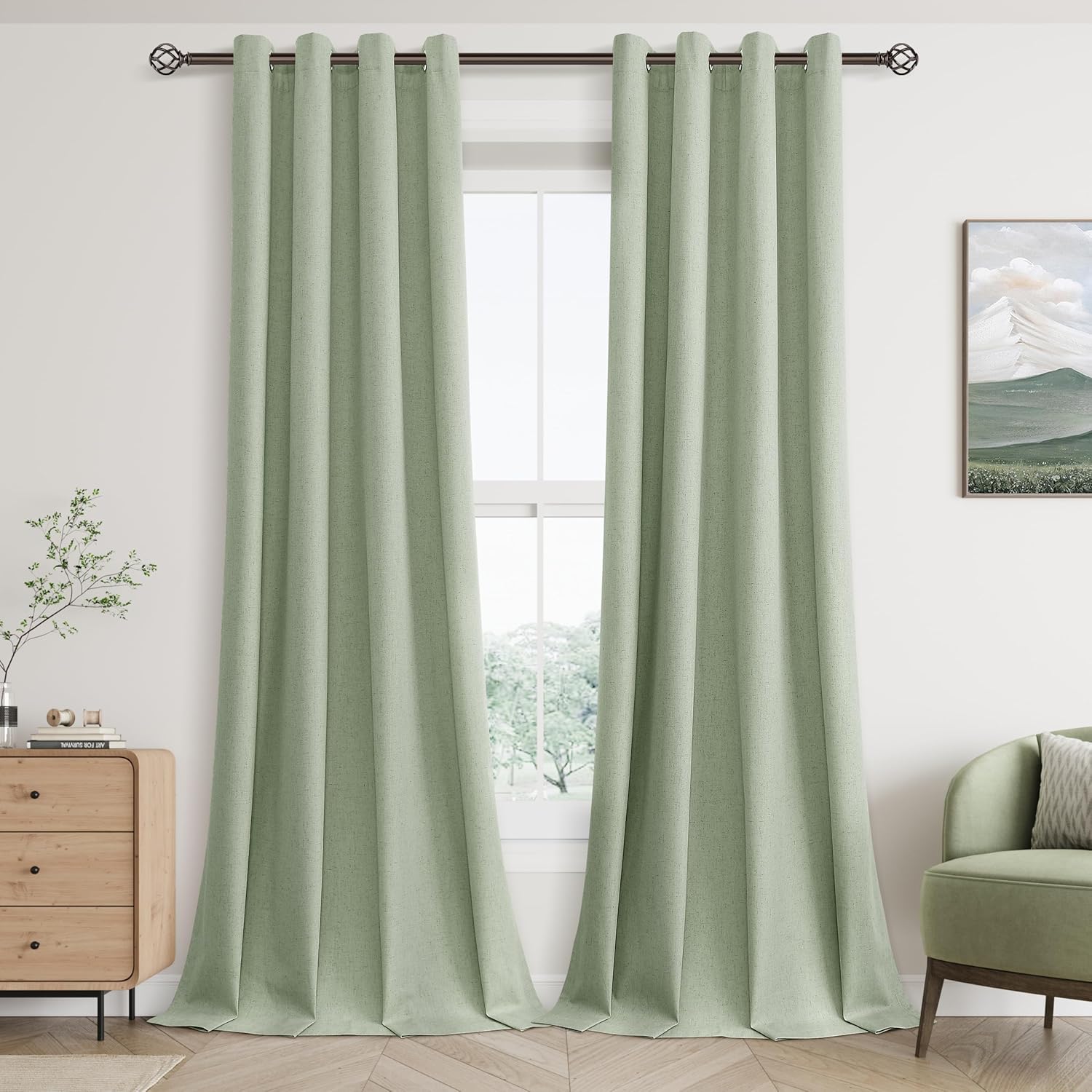 Light Sage Green Linen Blackout Curtains for Living Room 84 in