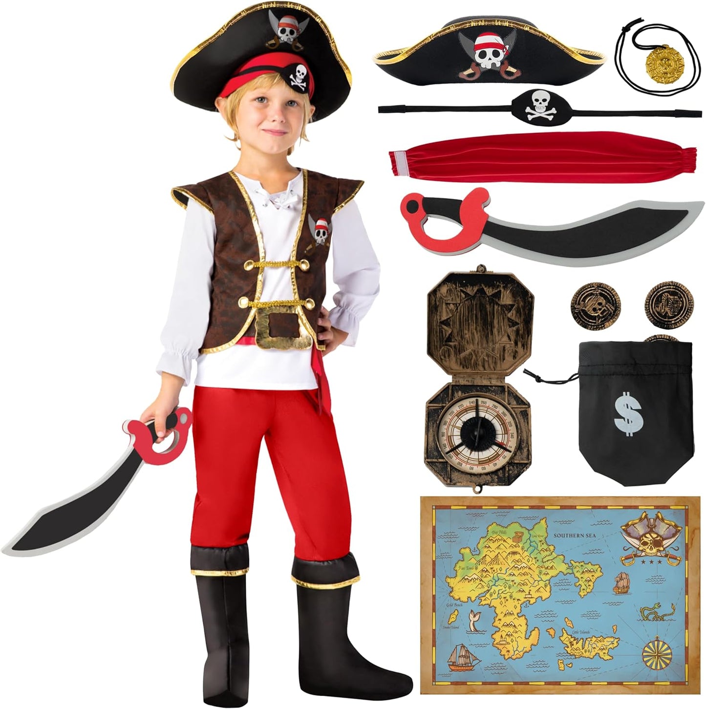 Kids Pirate Costume Set for Halloween Dress Up and Parties