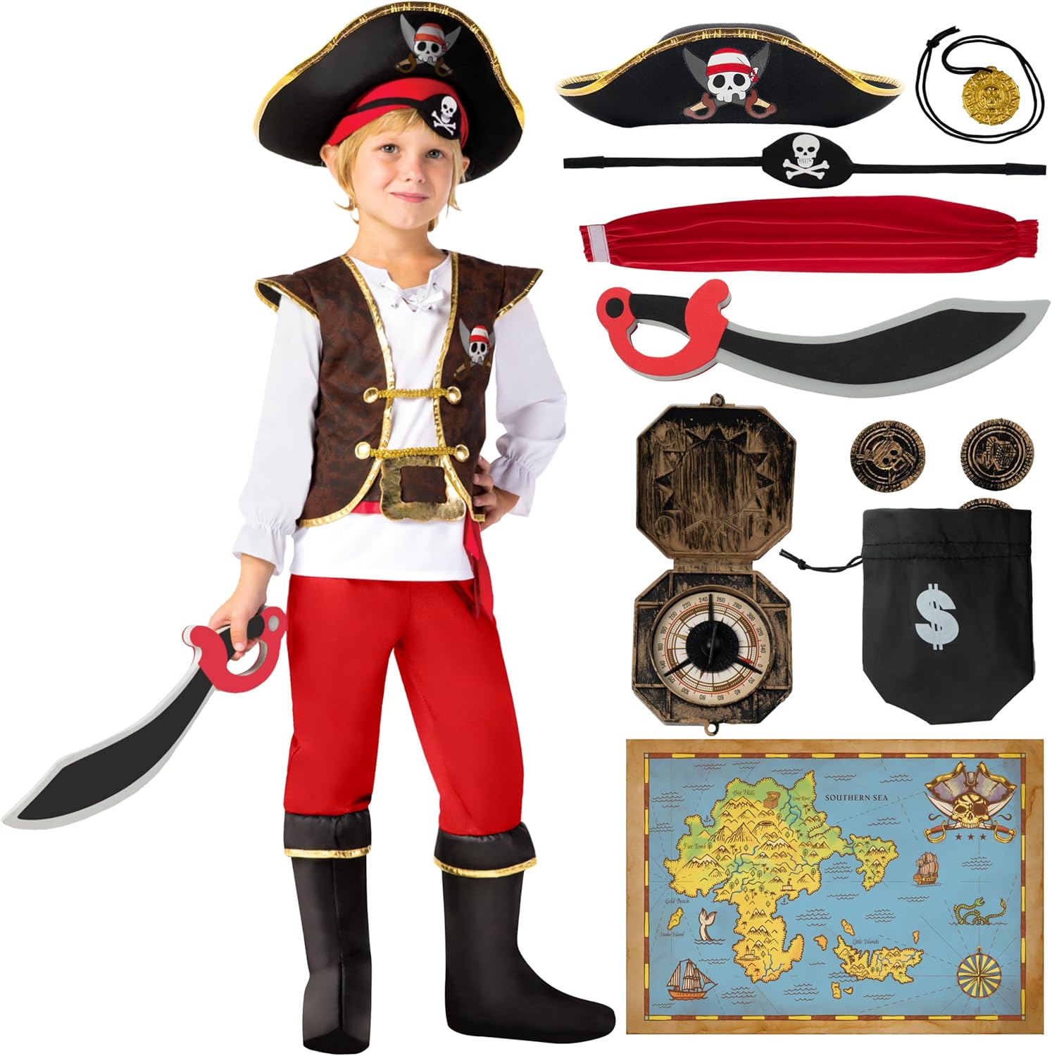 Kids Pirate Costume Set for Halloween Dress Up and Parties