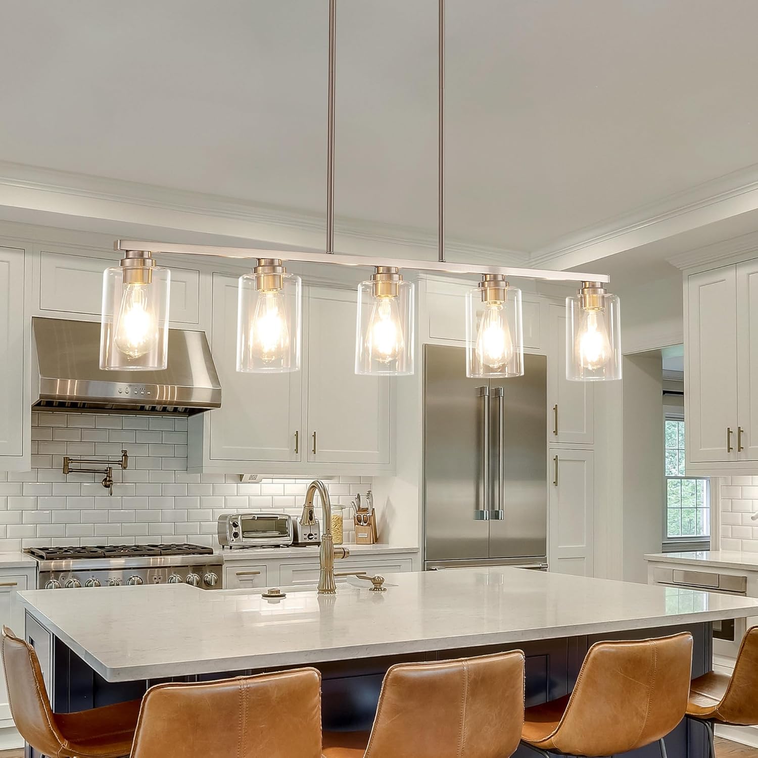 Modern Brushed Nickel 5-Light Linear Chandelier for Dining Room