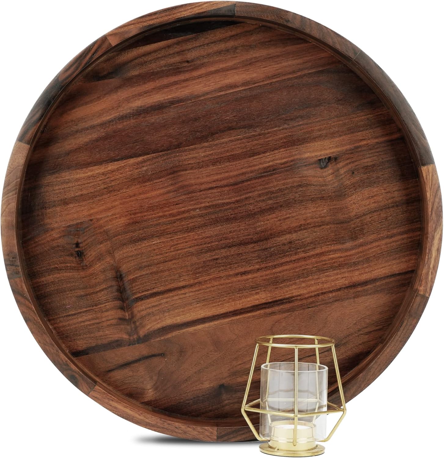 16 Inches Extra Large Round Black Walnut Wood Ottoman Tray