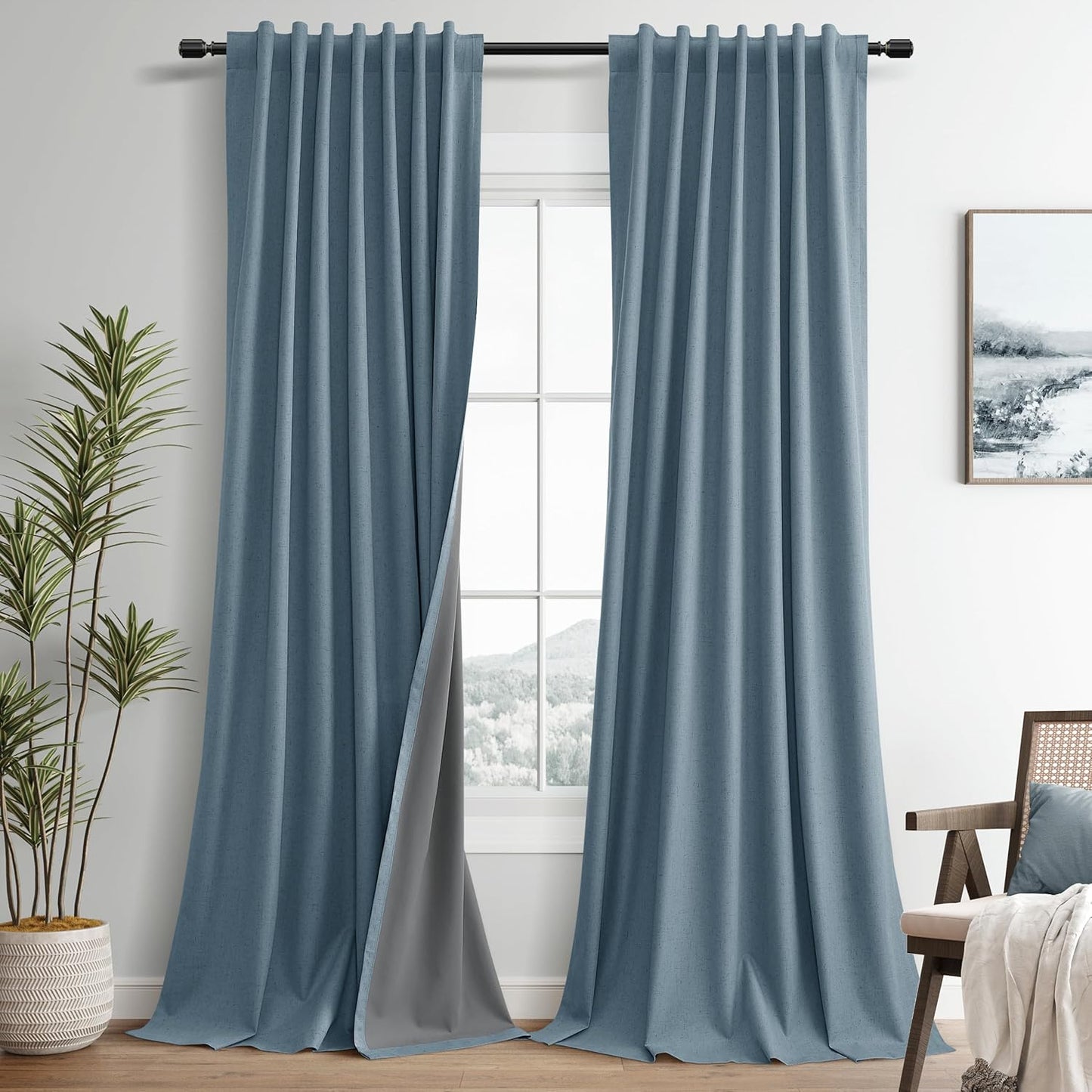 Guken Blue Linen Blackout Curtains 108 Inches Long for Home