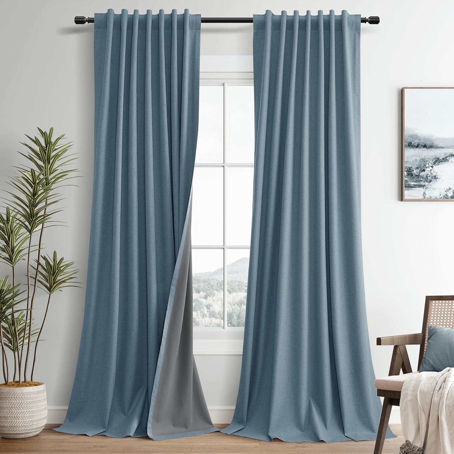 Guken Blue Linen Blackout Curtains 108 Inches Long for Home