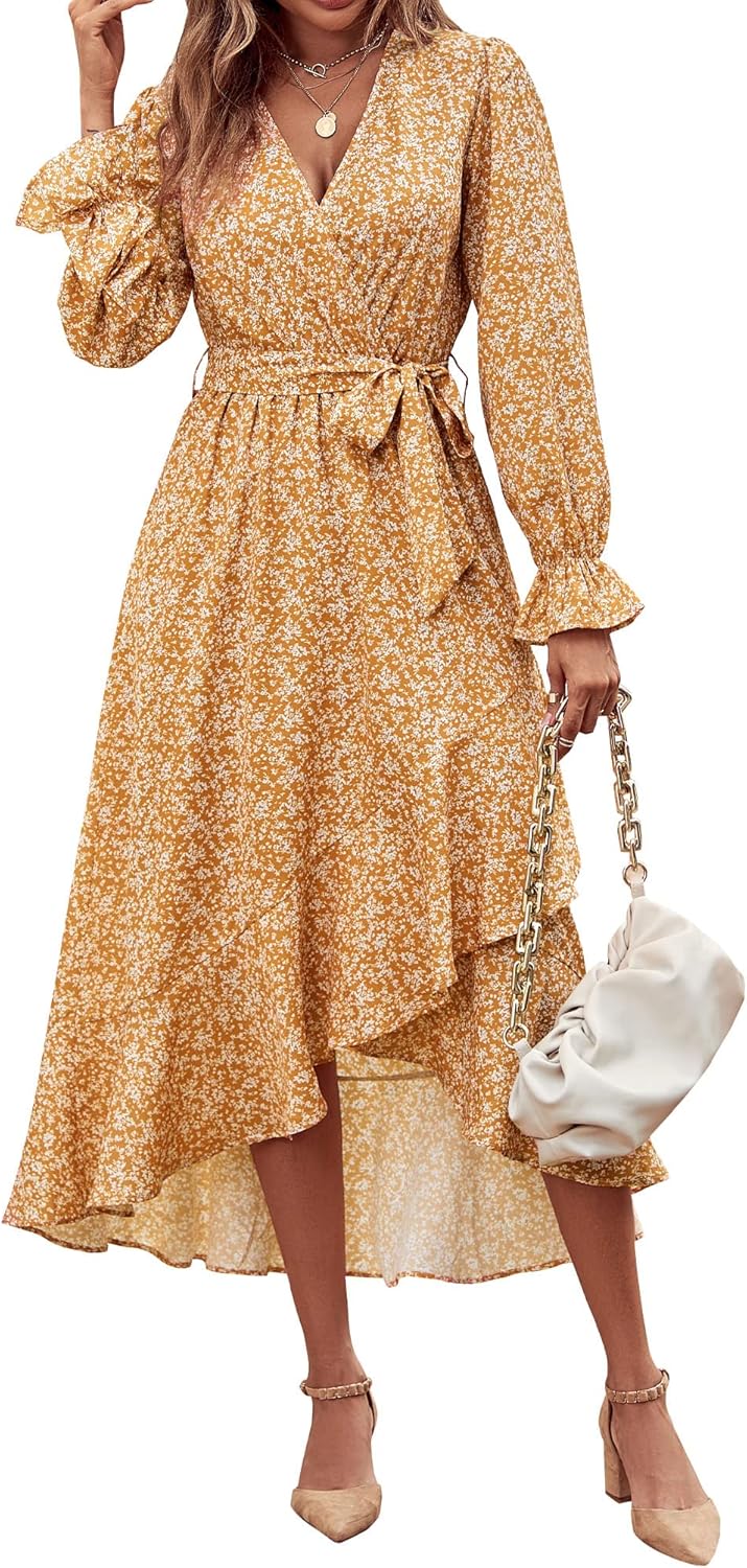 Floral High Waist Ruffle Long Sleeve Dress for Women